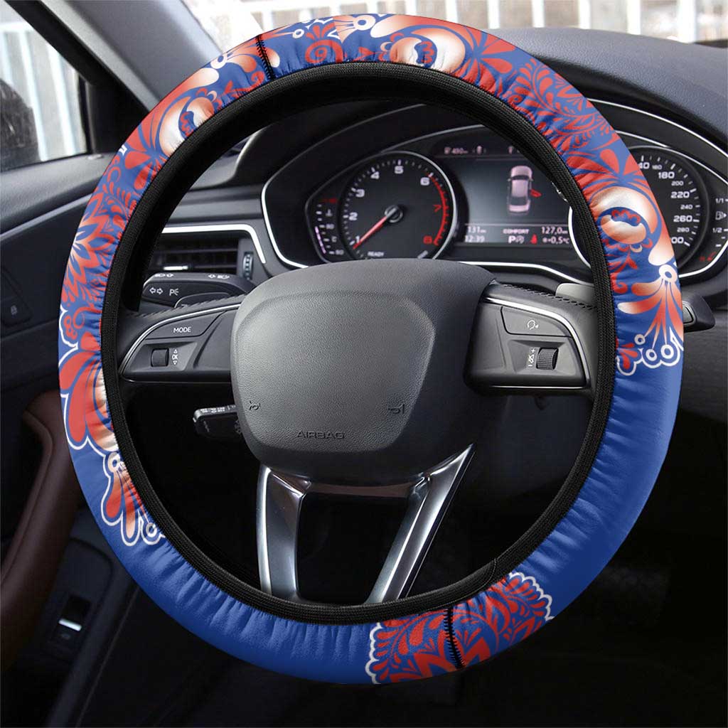 Blue Russian National Costume Steering Wheel Cover Rooster Motifs Traditional Folk Pattern - Wonder Print Shop