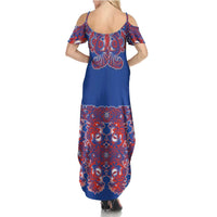 Blue Russian National Costume Summer Maxi Dress Rooster Motifs Traditional Folk Pattern - Wonder Print Shop
