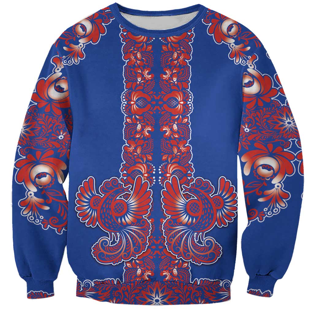 Blue Russian National Costume Sweatshirt Rooster Motifs Traditional Folk Pattern - Wonder Print Shop