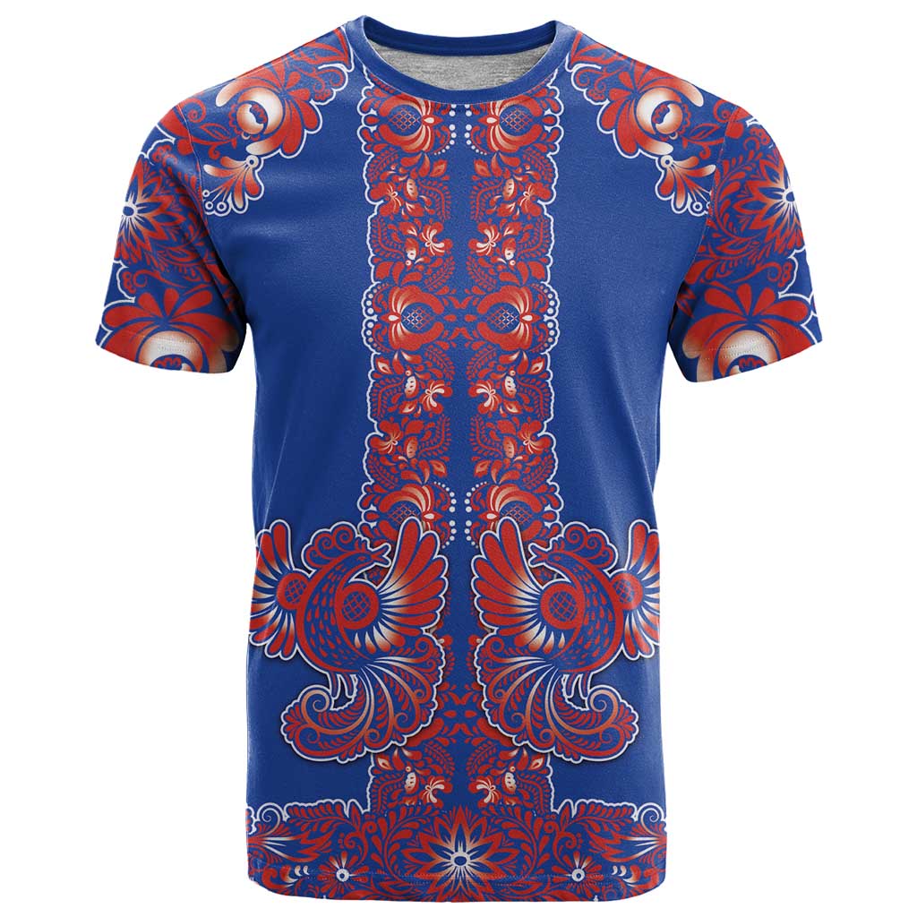 Blue Russian National Costume T Shirt Rooster Motifs Traditional Folk Pattern - Wonder Print Shop