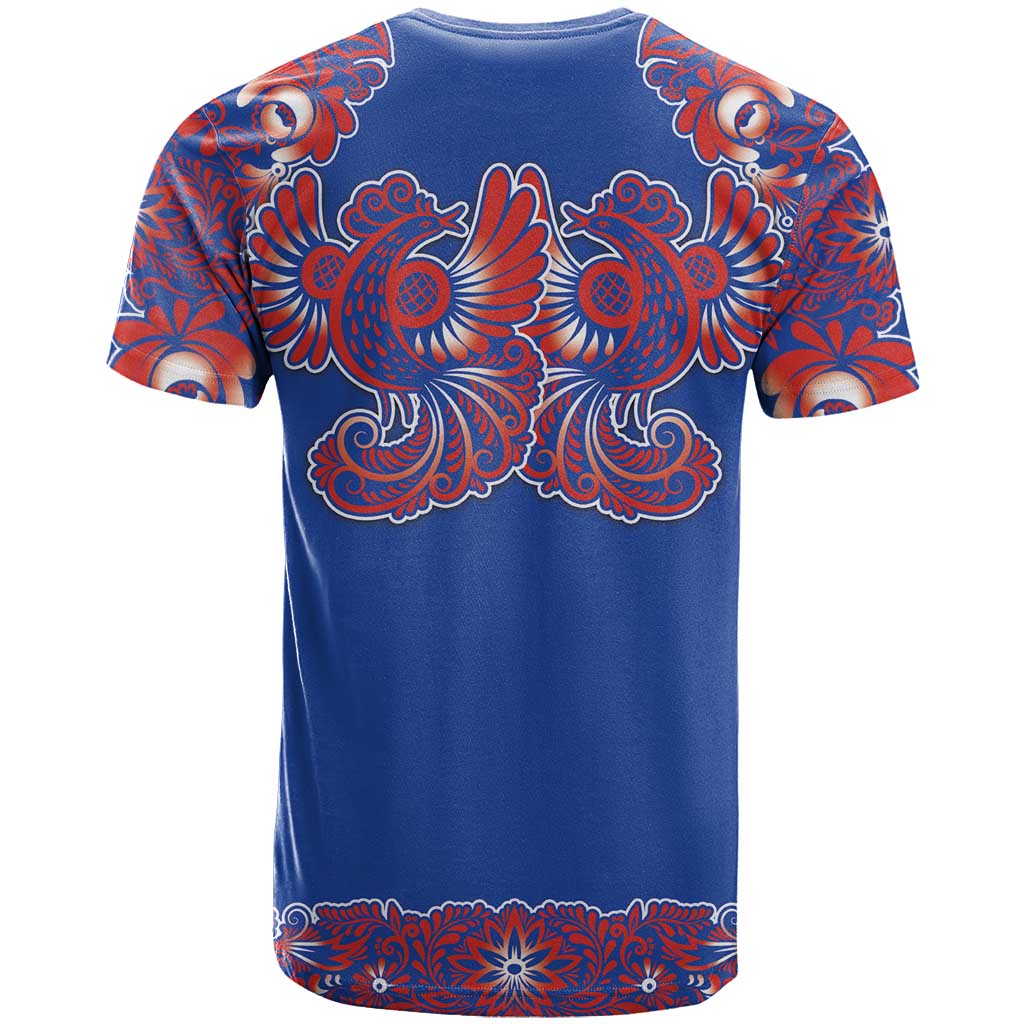 Blue Russian National Costume T Shirt Rooster Motifs Traditional Folk Pattern - Wonder Print Shop