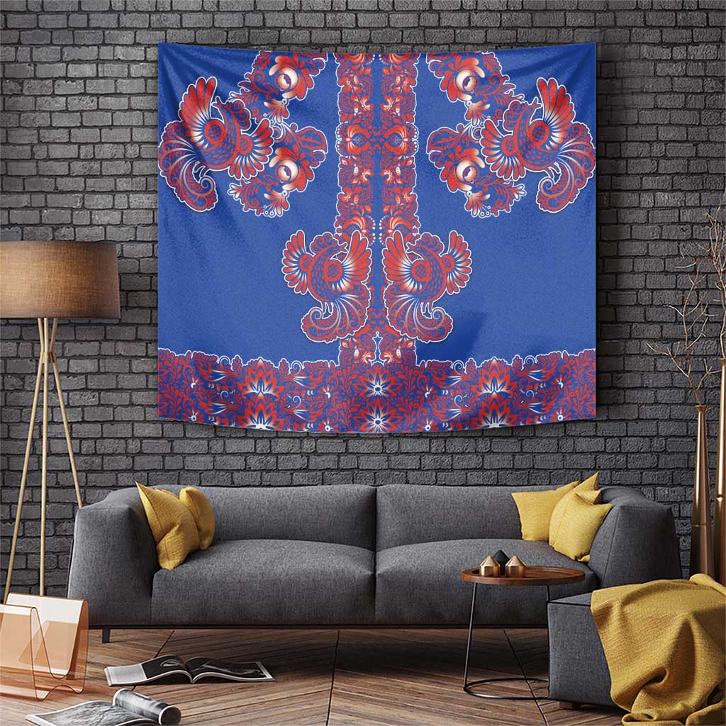 Blue Russian National Costume Tapestry Rooster Motifs Traditional Folk Pattern - Wonder Print Shop