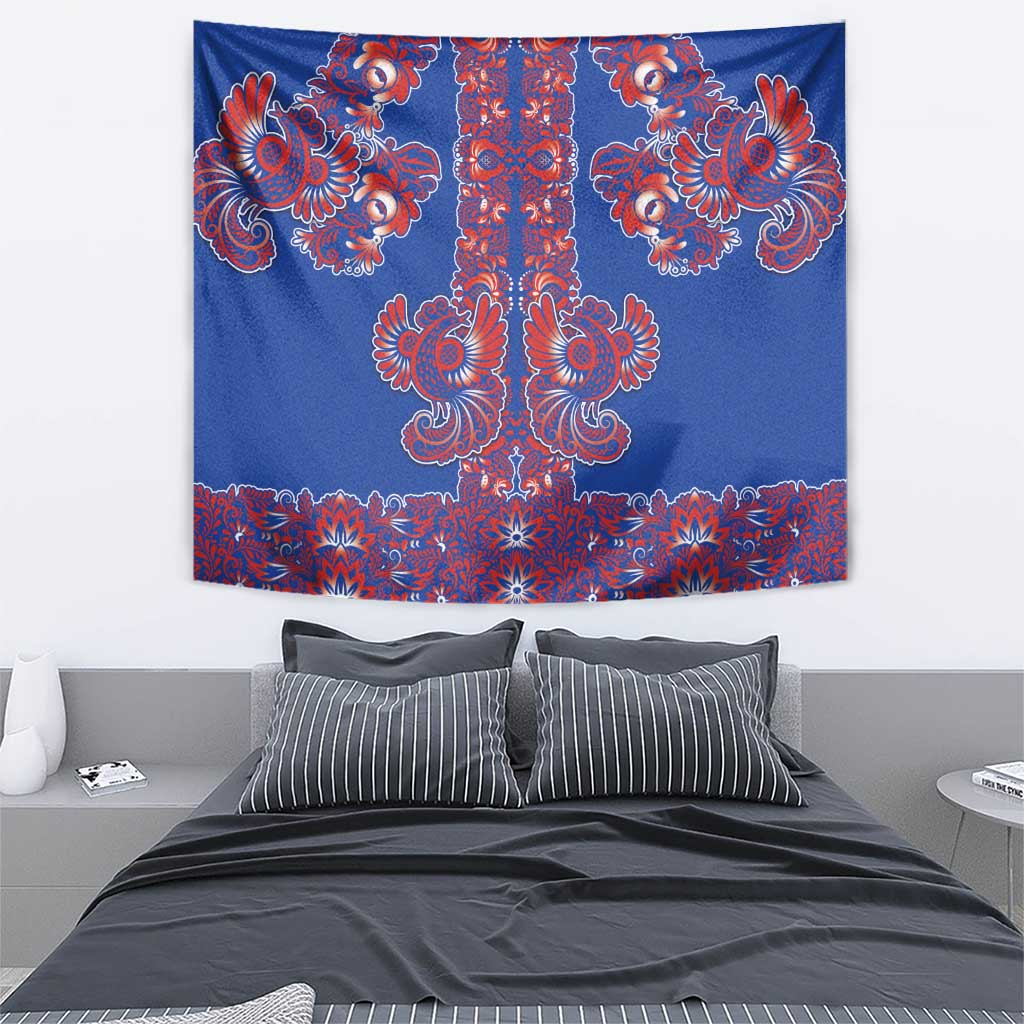 Blue Russian National Costume Tapestry Rooster Motifs Traditional Folk Pattern - Wonder Print Shop