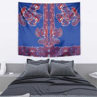 Blue Russian National Costume Tapestry Rooster Motifs Traditional Folk Pattern - Wonder Print Shop