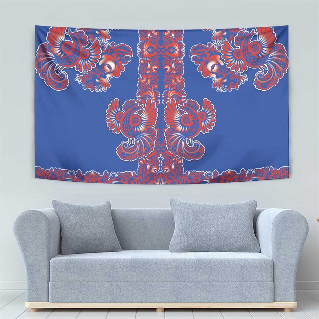 Blue Russian National Costume Tapestry Rooster Motifs Traditional Folk Pattern - Wonder Print Shop