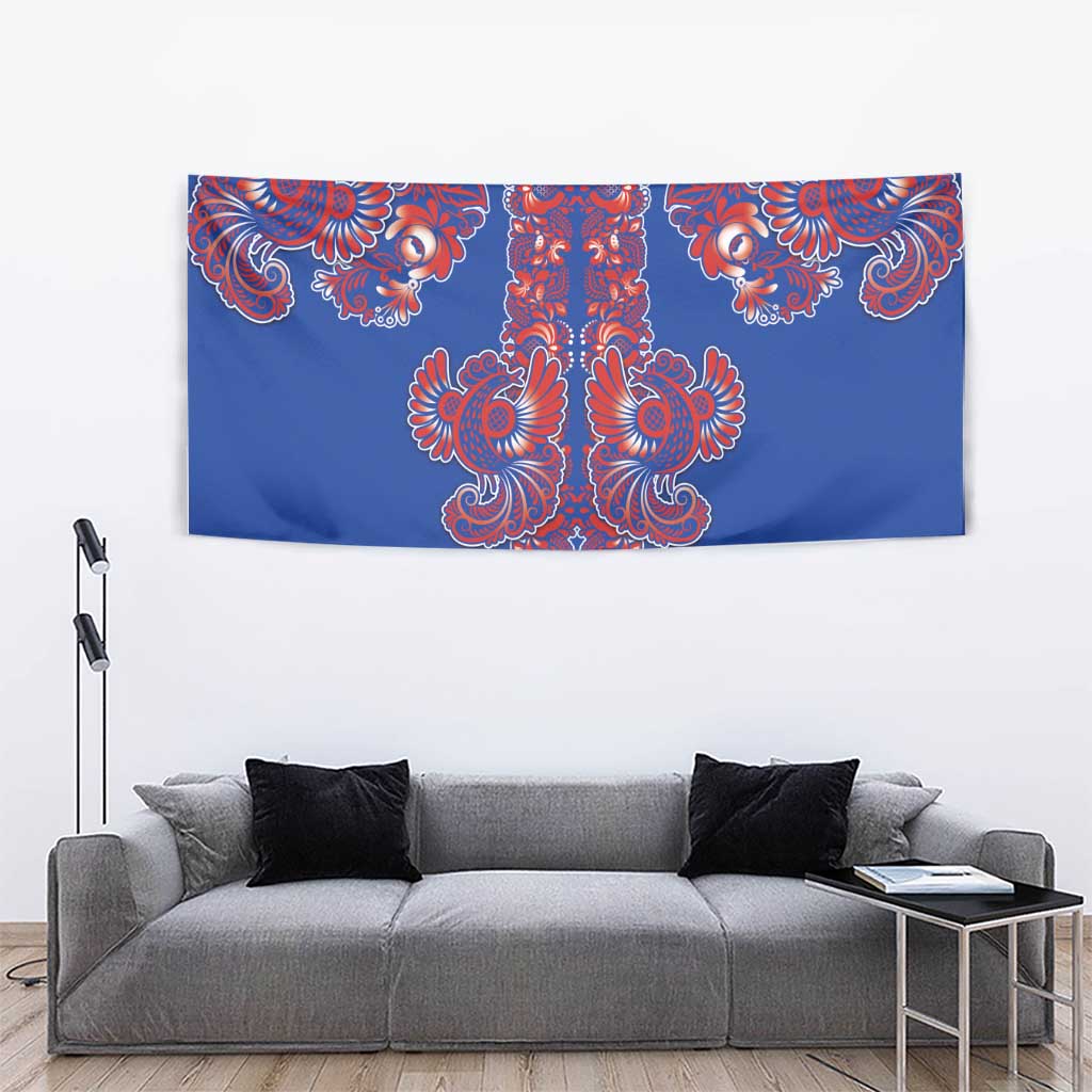 Blue Russian National Costume Tapestry Rooster Motifs Traditional Folk Pattern - Wonder Print Shop
