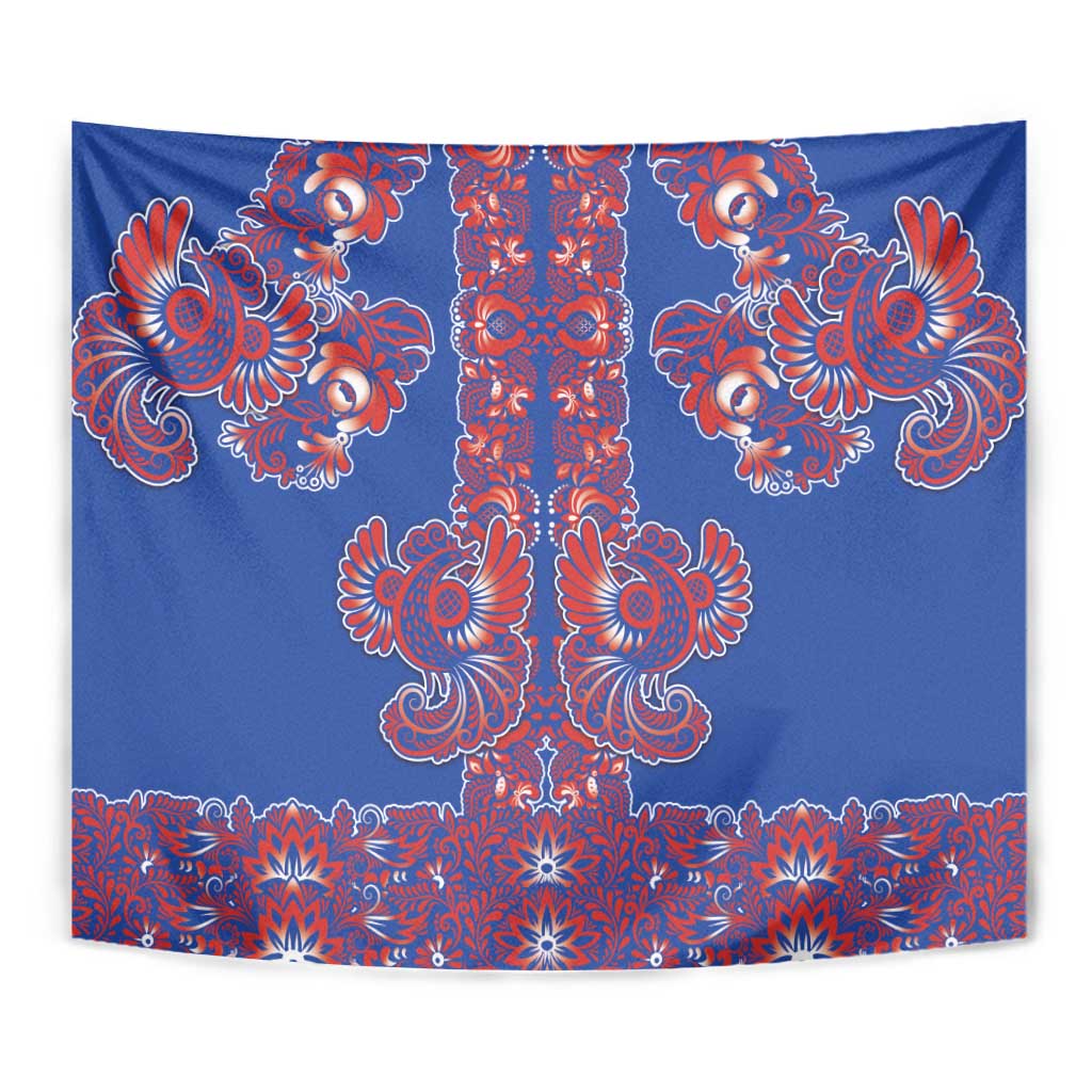 Blue Russian National Costume Tapestry Rooster Motifs Traditional Folk Pattern - Wonder Print Shop