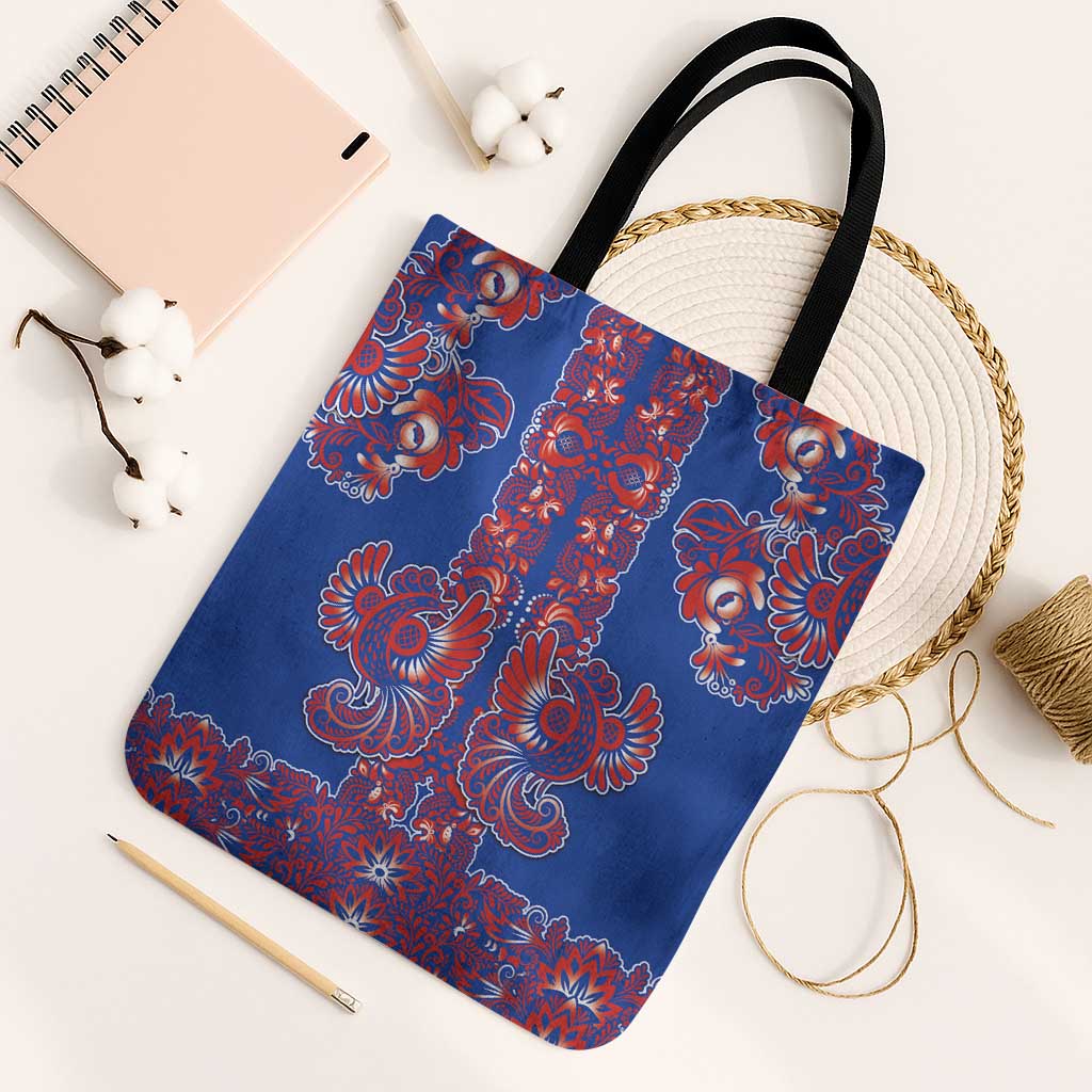 Blue Russian National Costume Tote Bag Rooster Motifs Traditional Folk Pattern - Wonder Print Shop