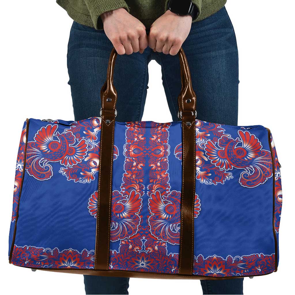 Blue Russian National Costume Travel Bag Rooster Motifs Traditional Folk Pattern - Wonder Print Shop