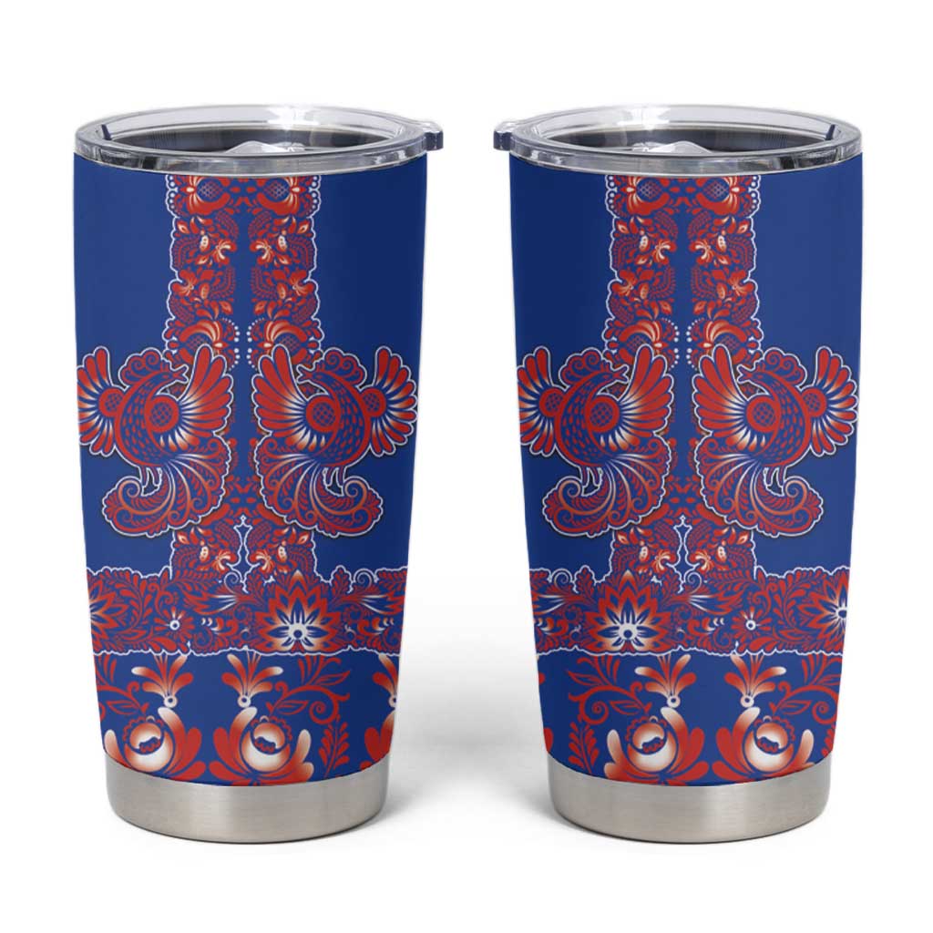 Blue Russian National Costume Tumbler Cup Rooster Motifs Traditional Folk Pattern - Wonder Print Shop