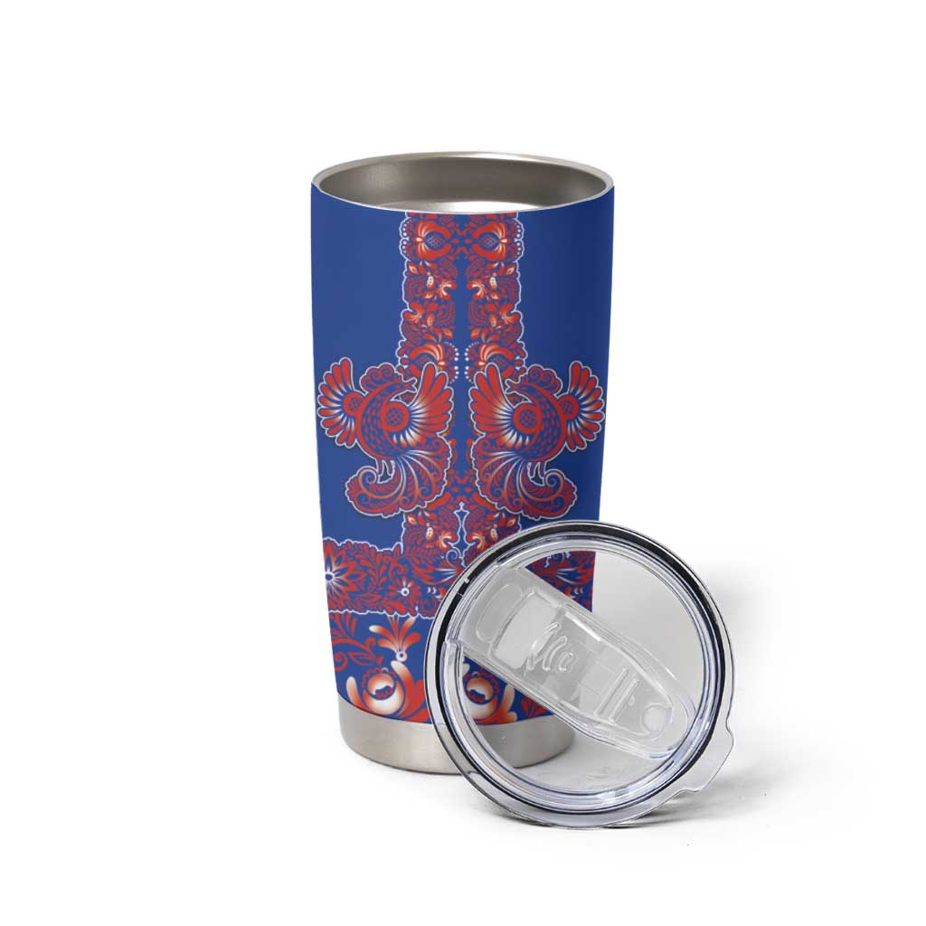 Blue Russian National Costume Tumbler Cup Rooster Motifs Traditional Folk Pattern - Wonder Print Shop