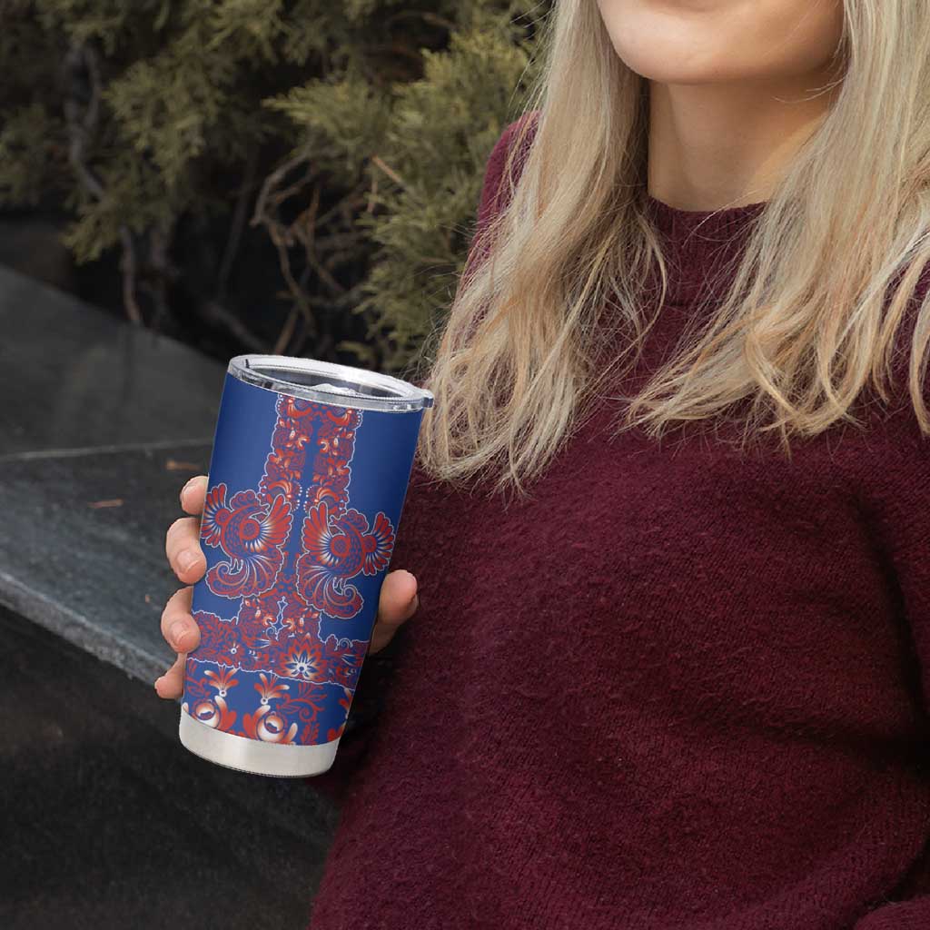 Blue Russian National Costume Tumbler Cup Rooster Motifs Traditional Folk Pattern - Wonder Print Shop