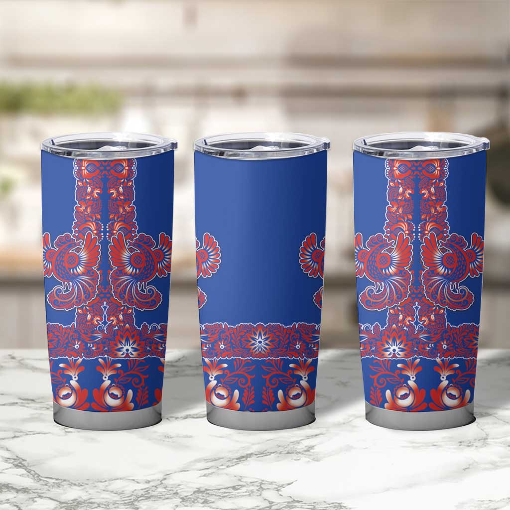 Blue Russian National Costume Tumbler Cup Rooster Motifs Traditional Folk Pattern - Wonder Print Shop