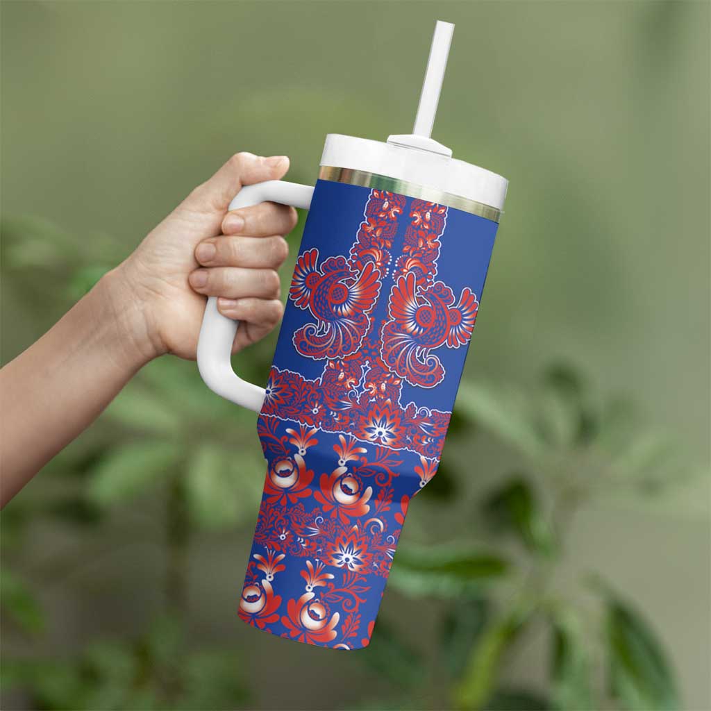 Blue Russian National Costume Tumbler With Handle Rooster Motifs Traditional Folk Pattern - Wonder Print Shop