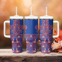 Blue Russian National Costume Tumbler With Handle Rooster Motifs Traditional Folk Pattern - Wonder Print Shop