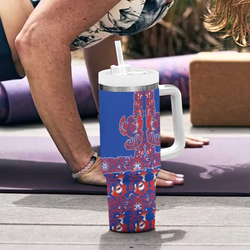 Blue Russian National Costume Tumbler With Handle Rooster Motifs Traditional Folk Pattern - Wonder Print Shop