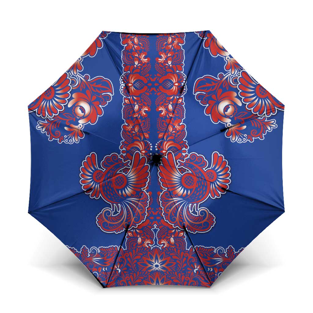 Blue Russian National Costume Umbrella Rooster Motifs Traditional Folk Pattern - Wonder Print Shop