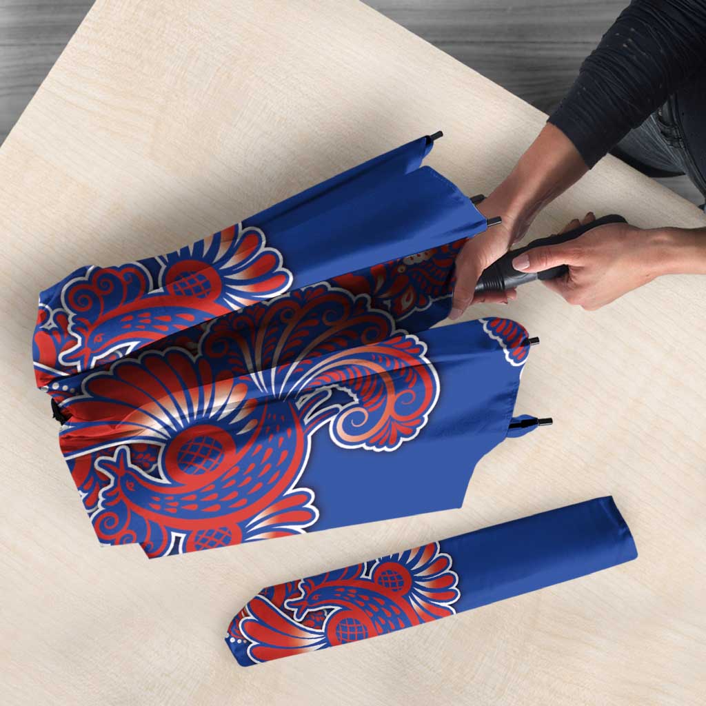 Blue Russian National Costume Umbrella Rooster Motifs Traditional Folk Pattern - Wonder Print Shop