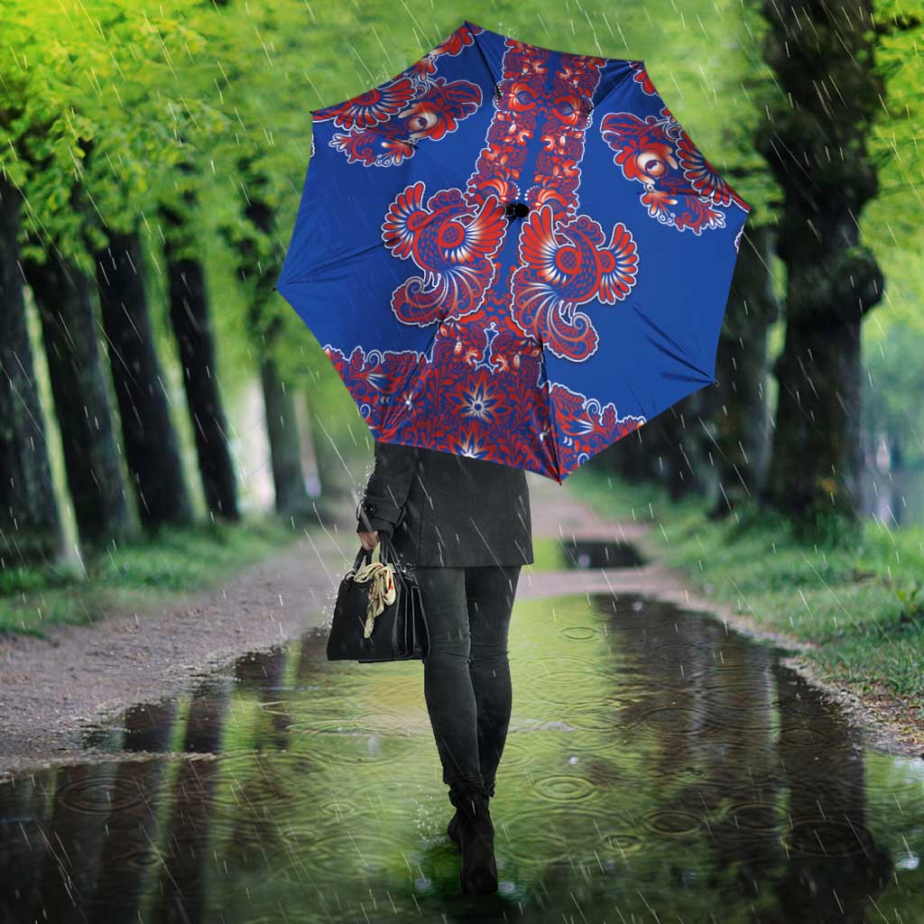 Blue Russian National Costume Umbrella Rooster Motifs Traditional Folk Pattern - Wonder Print Shop