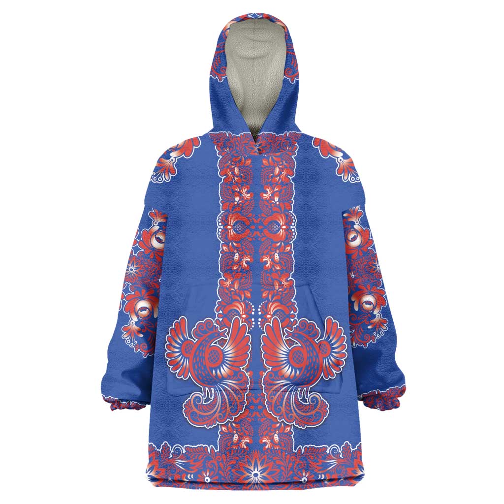 Blue Russian National Costume Wearable Blanket Hoodie Rooster Motifs Traditional Folk Pattern - Wonder Print Shop