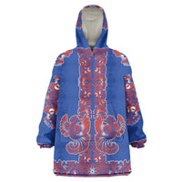 Blue Russian National Costume Wearable Blanket Hoodie Rooster Motifs Traditional Folk Pattern - Wonder Print Shop