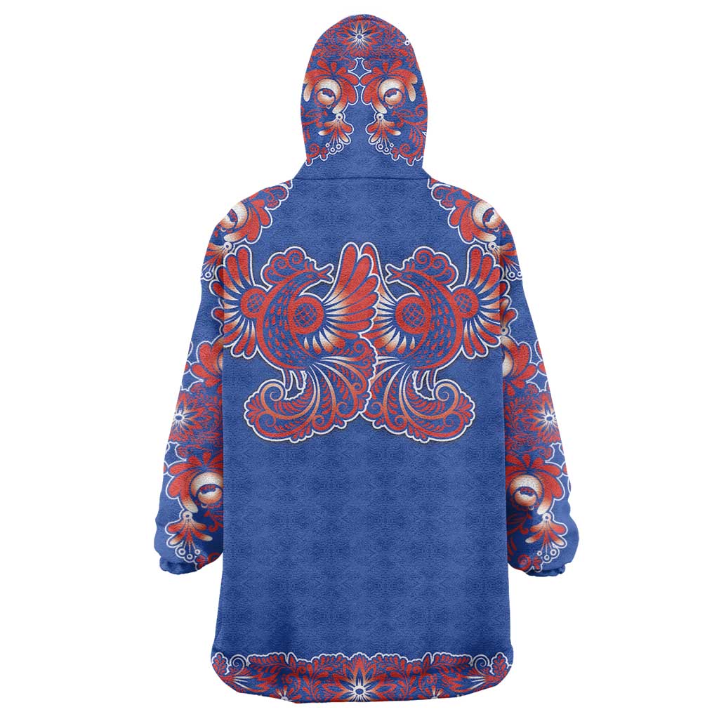 Blue Russian National Costume Wearable Blanket Hoodie Rooster Motifs Traditional Folk Pattern - Wonder Print Shop