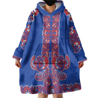 Blue Russian National Costume Wearable Blanket Hoodie Rooster Motifs Traditional Folk Pattern - Wonder Print Shop