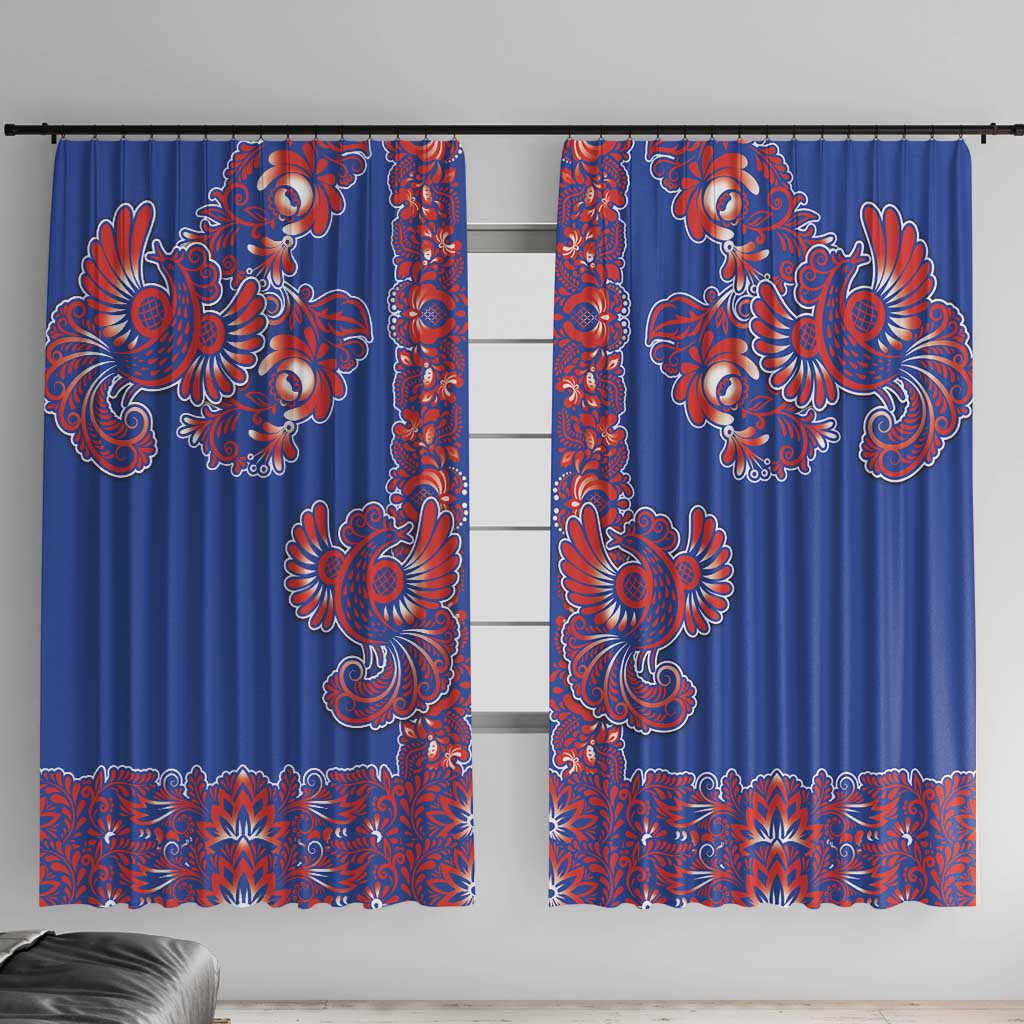 Blue Russian National Costume Window Curtain Rooster Motifs Traditional Folk Pattern - Wonder Print Shop
