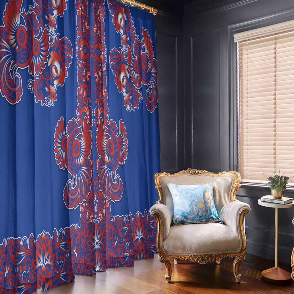 Blue Russian National Costume Window Curtain Rooster Motifs Traditional Folk Pattern - Wonder Print Shop