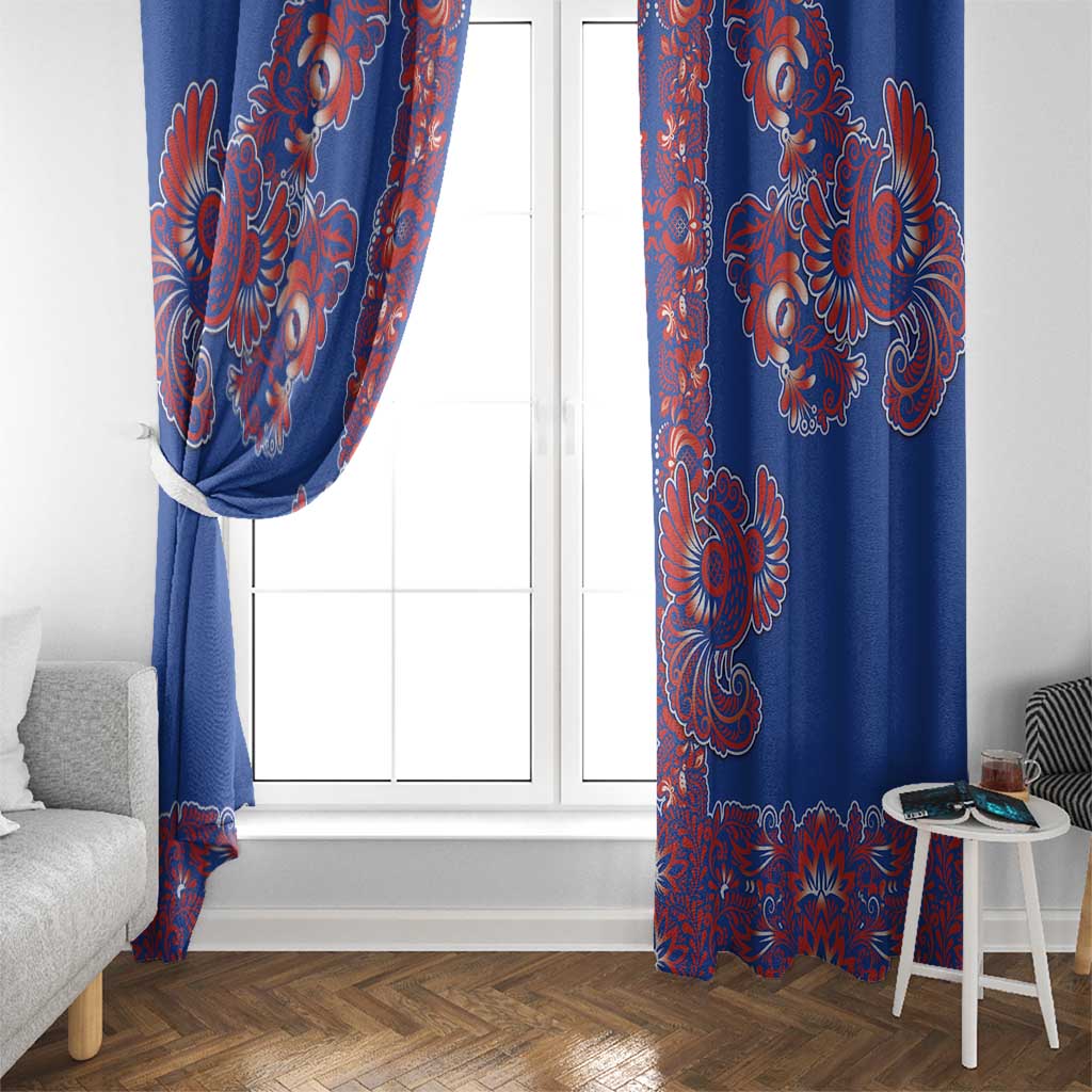 Blue Russian National Costume Window Curtain Rooster Motifs Traditional Folk Pattern - Wonder Print Shop