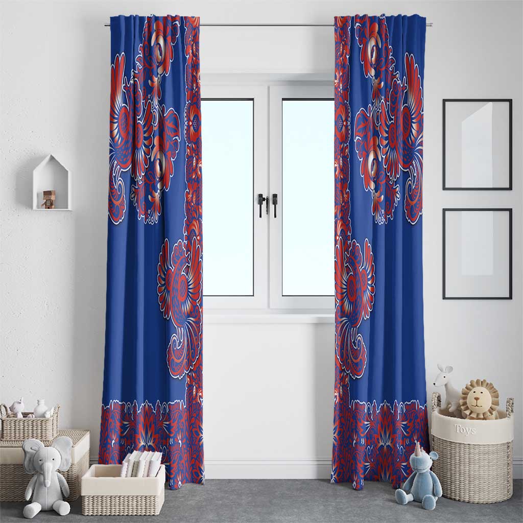 Blue Russian National Costume Window Curtain Rooster Motifs Traditional Folk Pattern - Wonder Print Shop