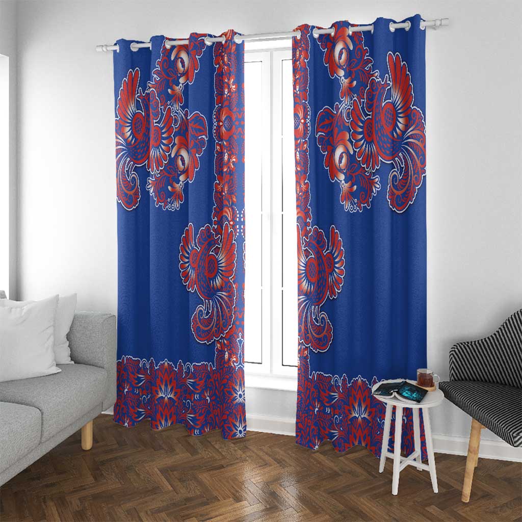 Blue Russian National Costume Window Curtain Rooster Motifs Traditional Folk Pattern - Wonder Print Shop