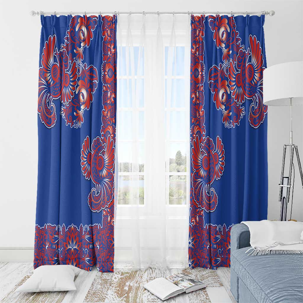 Blue Russian National Costume Window Curtain Rooster Motifs Traditional Folk Pattern - Wonder Print Shop