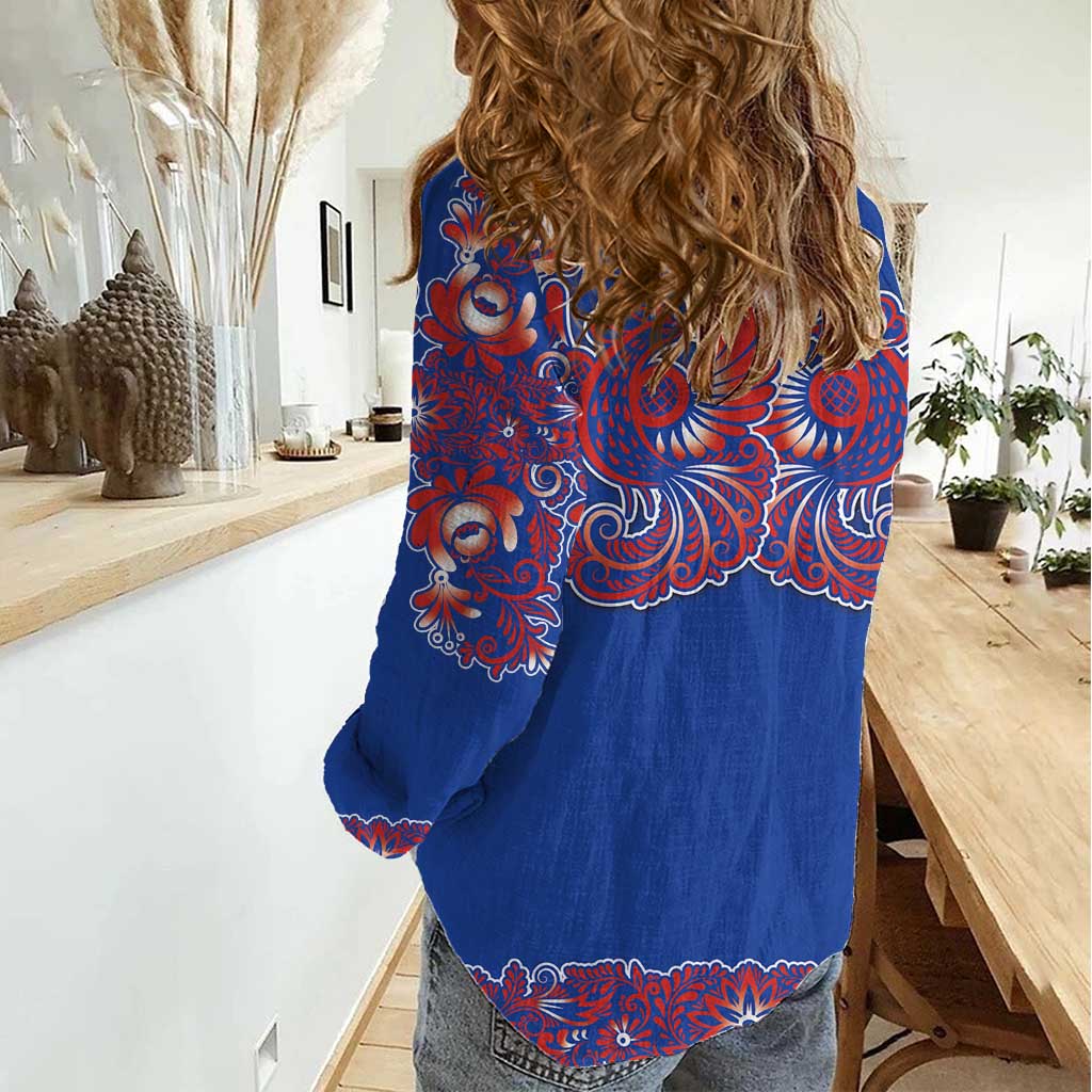 Blue Russian National Costume Women Casual Shirt Rooster Motifs Traditional Folk Pattern - Wonder Print Shop