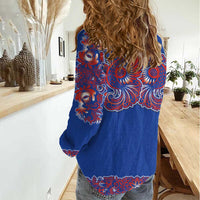 Blue Russian National Costume Women Casual Shirt Rooster Motifs Traditional Folk Pattern - Wonder Print Shop