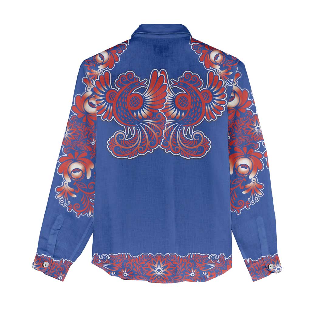 Blue Russian National Costume Women Casual Shirt Rooster Motifs Traditional Folk Pattern - Wonder Print Shop