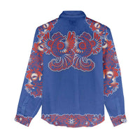 Blue Russian National Costume Women Casual Shirt Rooster Motifs Traditional Folk Pattern - Wonder Print Shop