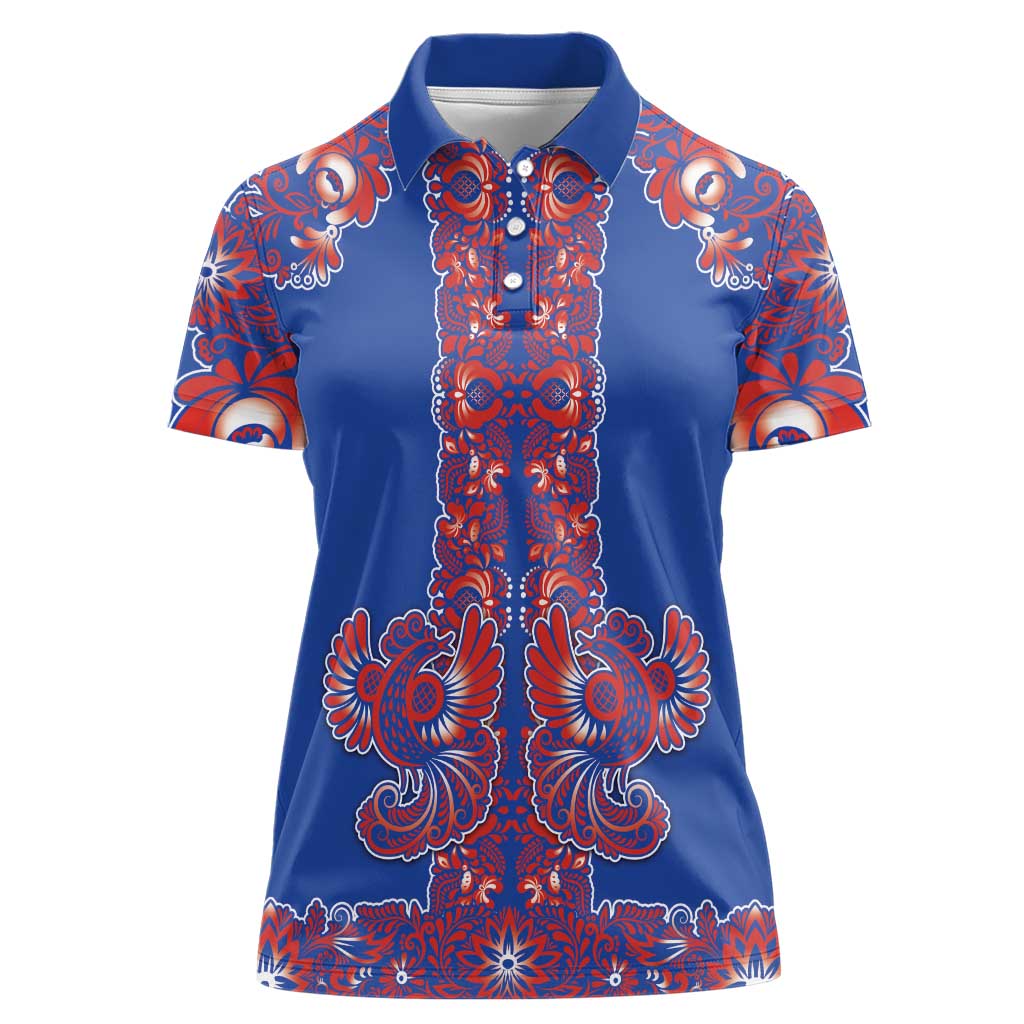 Blue Russian National Costume Women Polo Shirt Rooster Motifs Traditional Folk Pattern - Wonder Print Shop