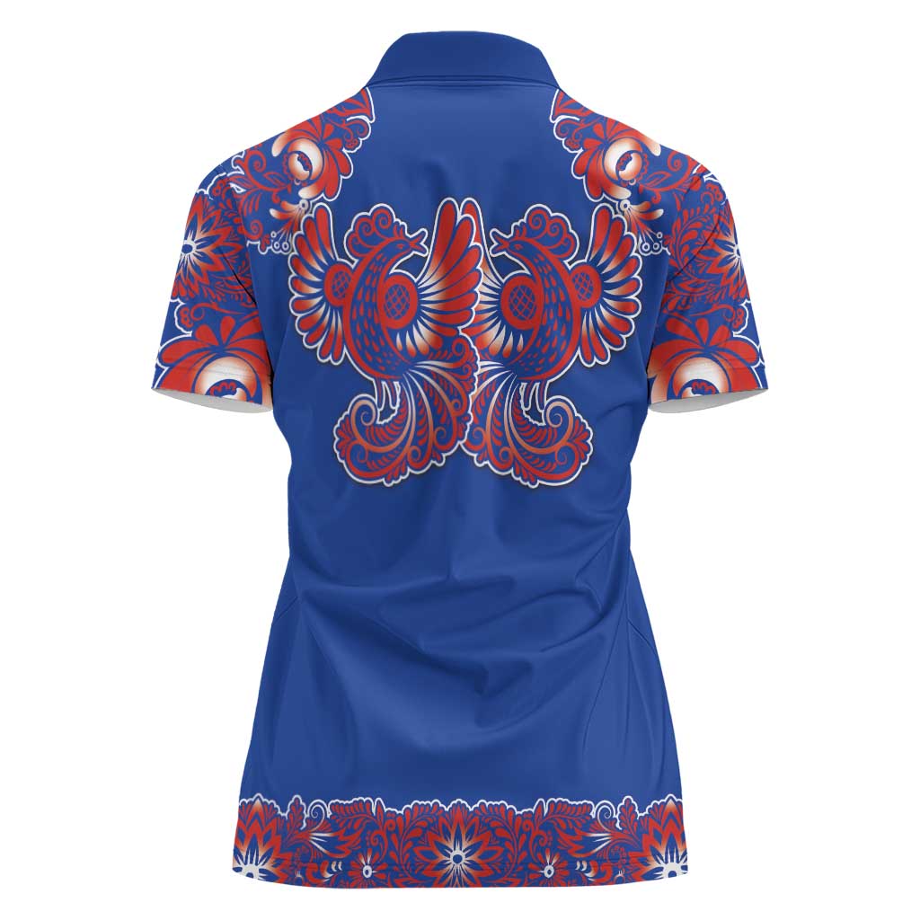 Blue Russian National Costume Women Polo Shirt Rooster Motifs Traditional Folk Pattern - Wonder Print Shop