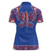 Blue Russian National Costume Women Polo Shirt Rooster Motifs Traditional Folk Pattern - Wonder Print Shop