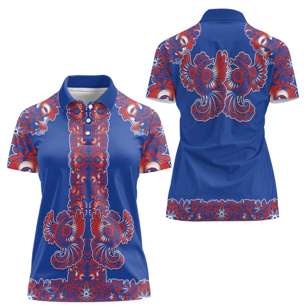 Blue Russian National Costume Women Polo Shirt Rooster Motifs Traditional Folk Pattern - Wonder Print Shop