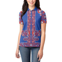 Blue Russian National Costume Women Polo Shirt Rooster Motifs Traditional Folk Pattern - Wonder Print Shop