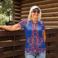 Blue Russian National Costume Women Polo Shirt Rooster Motifs Traditional Folk Pattern - Wonder Print Shop