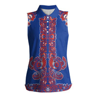 Blue Russian National Costume Women Sleeveless Polo Shirt Rooster Motifs Traditional Folk Pattern - Wonder Print Shop