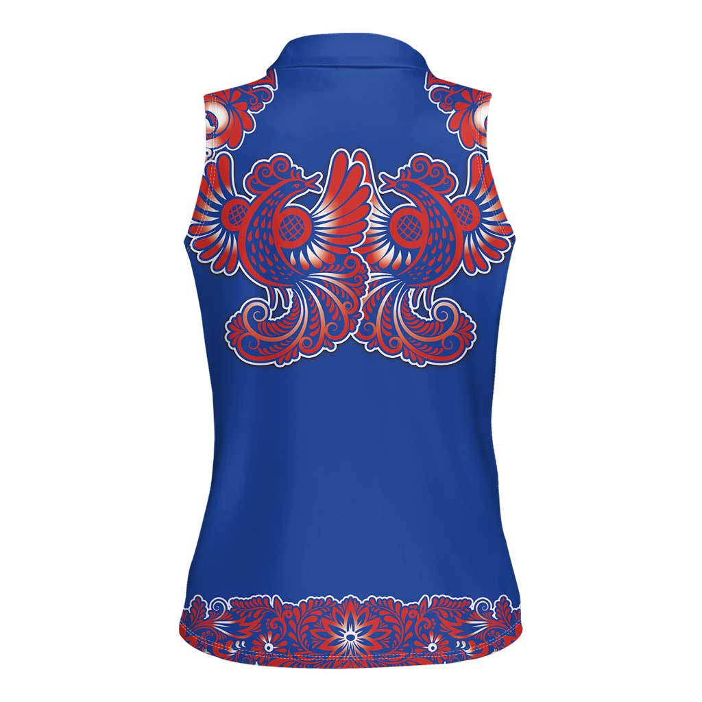 Blue Russian National Costume Women Sleeveless Polo Shirt Rooster Motifs Traditional Folk Pattern - Wonder Print Shop