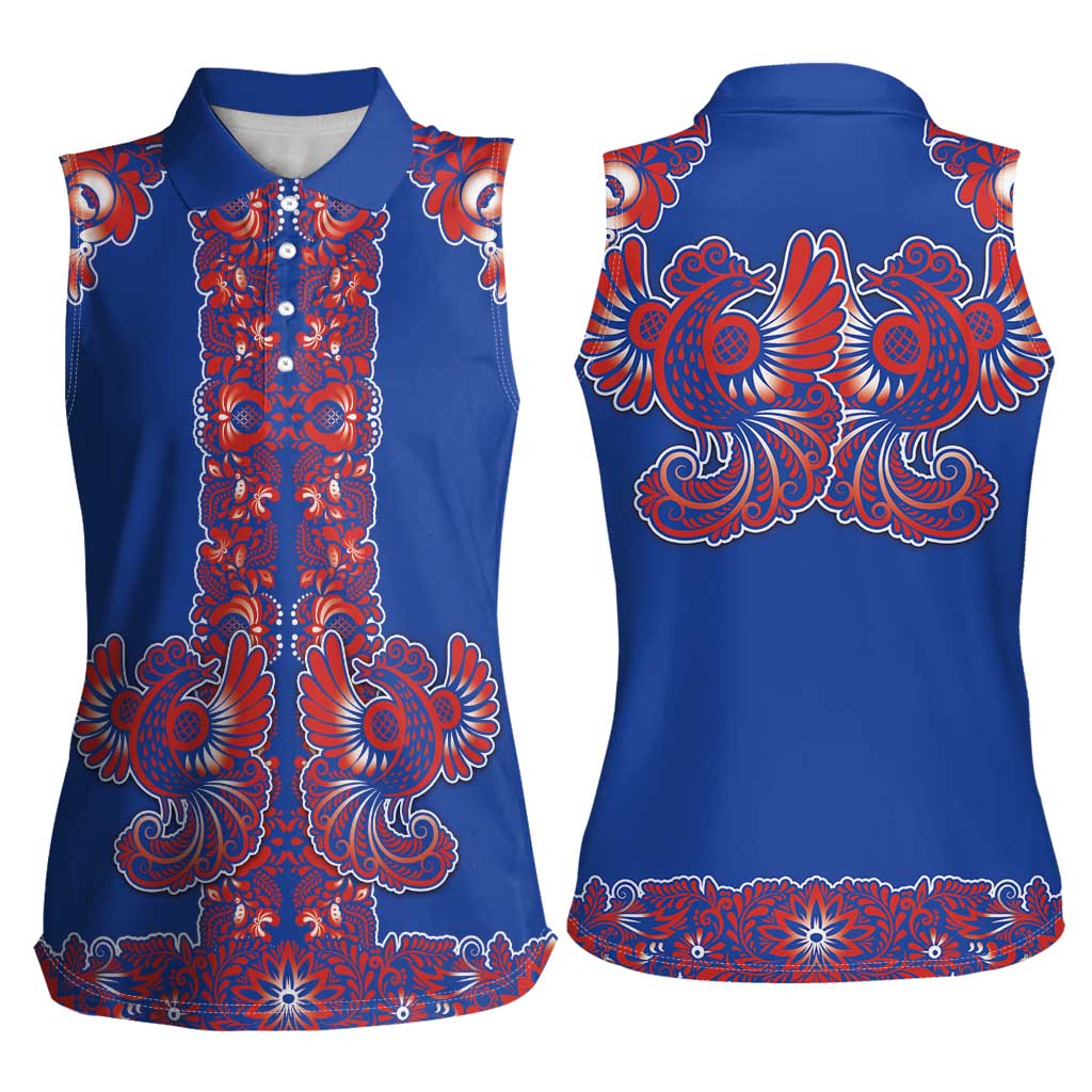 Blue Russian National Costume Women Sleeveless Polo Shirt Rooster Motifs Traditional Folk Pattern - Wonder Print Shop