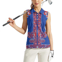 Blue Russian National Costume Women Sleeveless Polo Shirt Rooster Motifs Traditional Folk Pattern - Wonder Print Shop