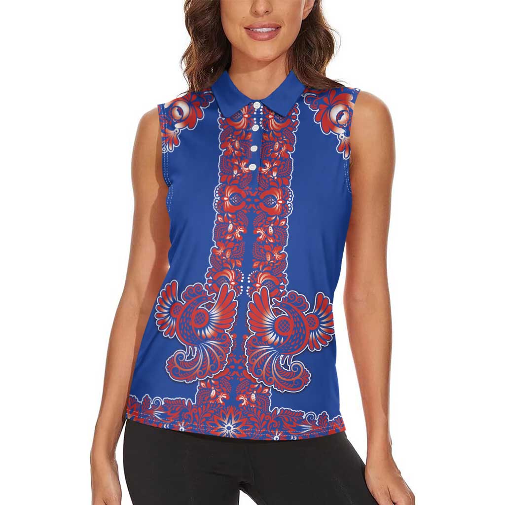 Blue Russian National Costume Women Sleeveless Polo Shirt Rooster Motifs Traditional Folk Pattern - Wonder Print Shop
