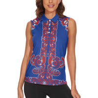 Blue Russian National Costume Women Sleeveless Polo Shirt Rooster Motifs Traditional Folk Pattern - Wonder Print Shop