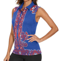 Blue Russian National Costume Women Sleeveless Polo Shirt Rooster Motifs Traditional Folk Pattern - Wonder Print Shop